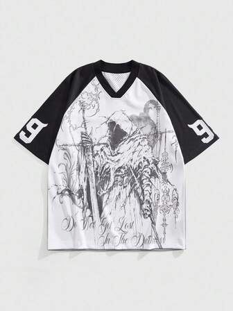 Goth T-shirt mode homme à imprimé patchwork bicolore
