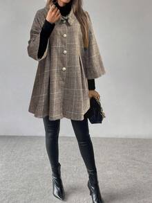 LanaWest 女士灰色可追溯格子面料高领翻领金属纽扣设计宽松下摆 3/4 袖优雅经典感恩节万圣节街头休闲波西米亚风秋冬新款时尚宽松羊毛夹克 - 灰色 - 查看 4