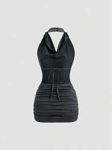 Sweetra Đầm ôm sát cơ thể gợi cảm hở lưng cổ khoét sâu màu đen không tay buộc dây - Màu xám đen - Xem 2