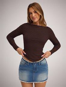 SHEIN Forever 21 Áo thun nữ cổ thuyền tay dài họa tiết sọc raglan - màu nâu - Xem 5