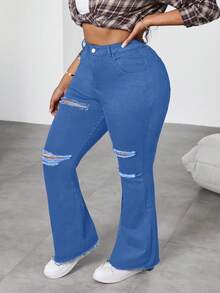 SHEIN CURVE+ Quần jean đen cỡ lớn, quần jean ống loe rách, quần denim co giãn cao thoải mái có túi, trang phục thường ngày - Rửa trung bình - Xem 5