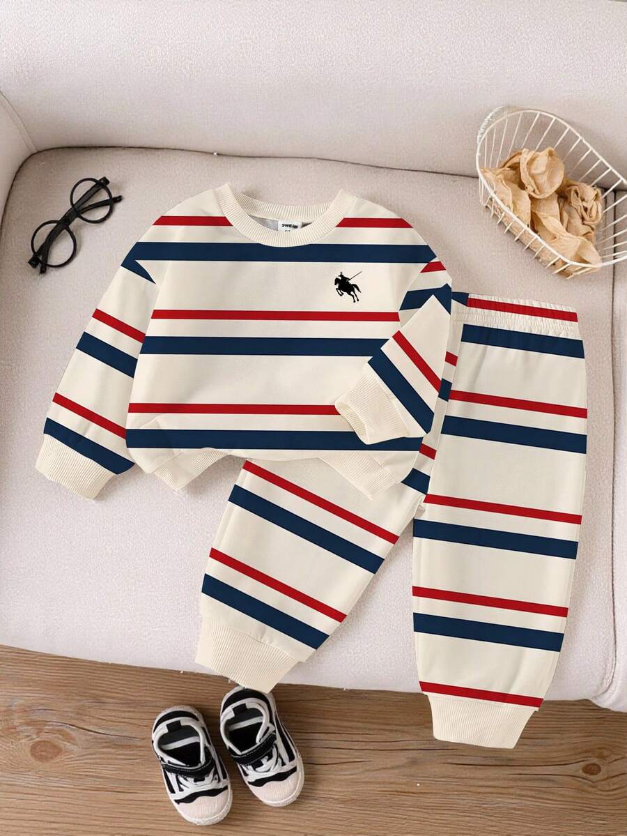 Playful Pals 1 Set de Sudadera y Pantalón de Chándal para Bebé Niño con Estampado Minimalista a Rayas y Logotipo de Caballero, Otoño/Invierno - Multicolor - Ver 1