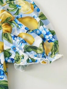 Joliand Joliand Tween-Mädchen 2-teiliges Set mit elegantem urbanem tropischem Blumendruck, Oberteil mit Puffärmeln und blauen Shorts mit Rüschensaum, geeignet für Ausflüge, Partys, Strand und Sommer - Verschiedenfarbig - Übersicht 4
