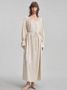 Ontre 2025 新款优雅开叉连衣裙，女士长袖圆领褶皱领口系带袖口连衣裙，A 字形喇叭下摆，缎面面料，杏色，宽松版型，休闲日常/商务通勤装