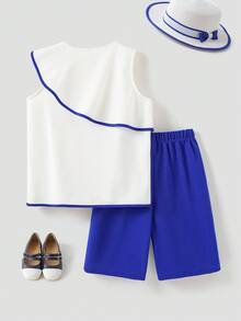 Joliand Joliand 2 件套青少年女孩优雅都市可爱白色荷叶边蓝色饰边衬衫和喇叭蓝色阔腿裤，适合外出、聚会、海滩、夏季 - 彩色 - 查看 3