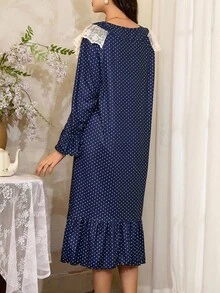 French Polka Dot Lace Contrast Ruffle Trim Women's Nightgown, Fall - Multicolor - View 2