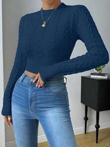 Zielony 女式秋季麻花图案圆领长袖短款修身毛衣 - 水鴨藍 - 查看 3