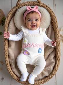 SHEIN Baby Mädchen Lässiger, stylischer, süßer rosa Jumpsuit mit floraler Stickerei, weich & bequem, geeignet für Alltag, Outdoor, Reisen, Urlaub, Zuhause, Kinderbetreuung, Herbst/Winter, Weihnachten, Schule, Party, vielseitig einsetzbar