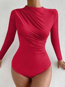Zolique Women's Solid Color Stand Collar Raglan Sleeve Ruched Bodysuit - Red - View 3