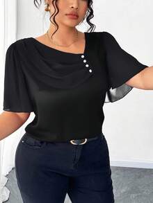 Elenzga Plus Size Asymmetrical Ruffle Collar Button Decor Short Sleeve Elegant Blouse - Black - View 4