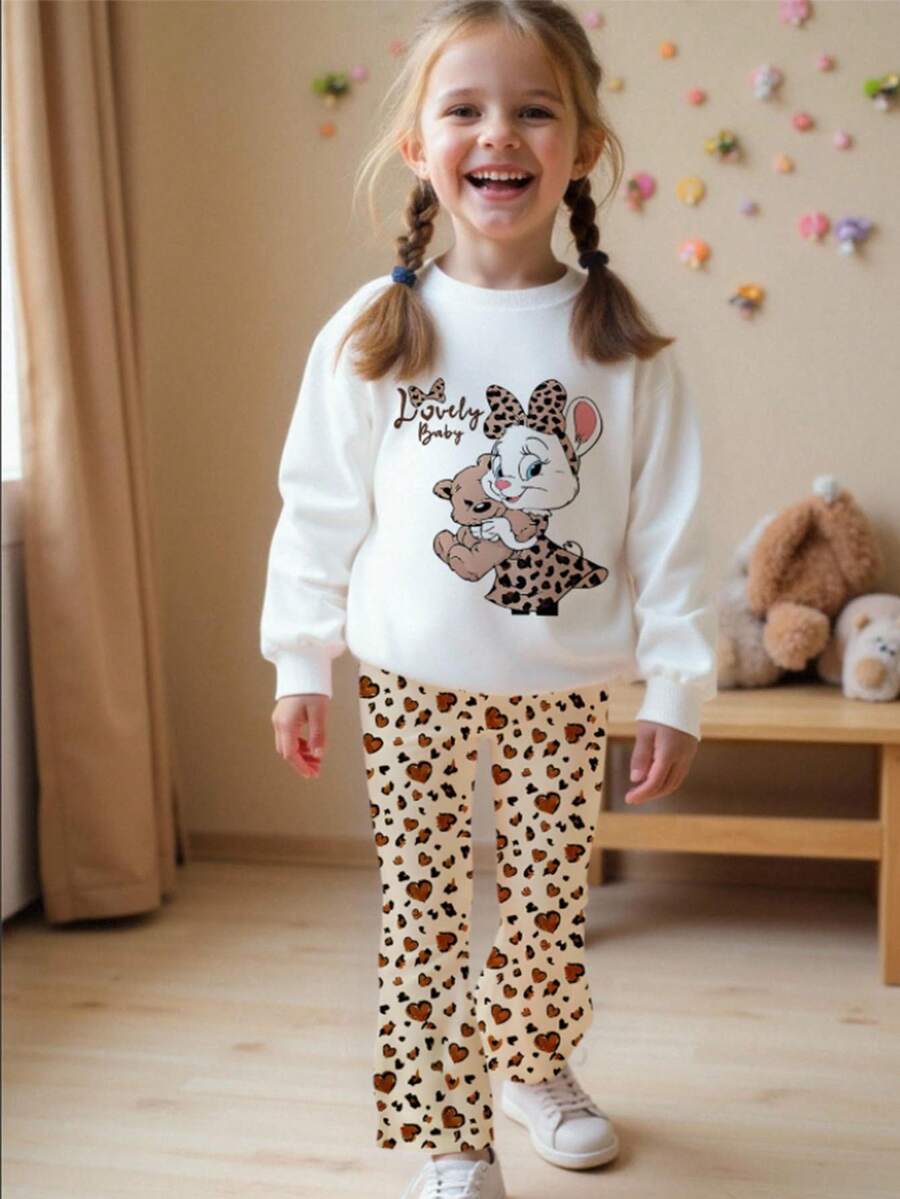 Conjunto de 2 piezas de sudadera de cuello redondo con estampado de conejo y lazo de leopardo, y pantalones acampanados con estampado de corazón de leopardo, para niñas, estilo casual y elegante, para otoño/invierno