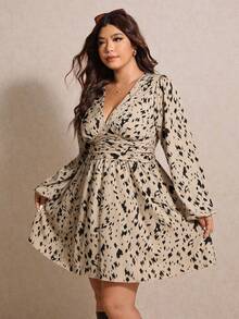 Elaquor 大码休闲印花束腰连衣裙 - 杏色 - 查看 3