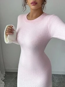 Elenzga Đầm len midi dáng ôm dáng thời trang thanh lịch, sang trọng, thiết kế độc đáo, cổ tròn ombre, viền bèo nhún, dành cho nữ, mặc đi chơi, hẹn hò, đi làm, đi tiệc, thu đông - Hồng - Xem 2