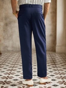 HIMLAND Men's Casual Solid Color Carrot Pants With Belt Decoration