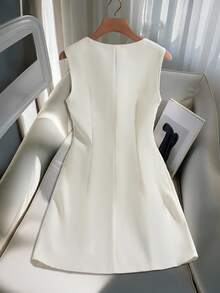 Franclia 不对称领口拼色蝴蝶结开衩女式迷你连衣裙 - 杏色 - 查看 2