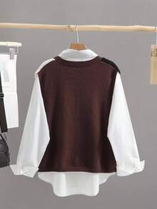 Franclia Chaleco de mujer asimétrico de color contrastante, informal y holgado - Café integral - Ver 2