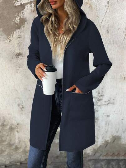 EMERY ROSE Women's Autumn Long Sleeve Hoodie Jacket, Drop Shoulder, Sweatshirt Material, Zipper Decor, Mid-Length, Casual