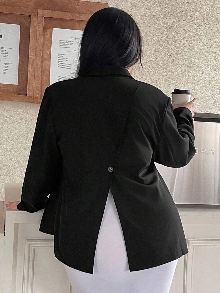 Dazy Plus Plus Size Women's Black Solid Color Lapel Collar Back Slit Design Casual Business Blazer Jacket Fall/Winter