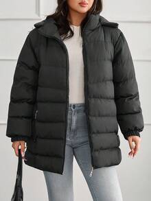 EURMUSE Zipper Front Plus Size Hooded Puffer Jacket – Street-Style Bubble Coat For Cold Weather - Black - View 1