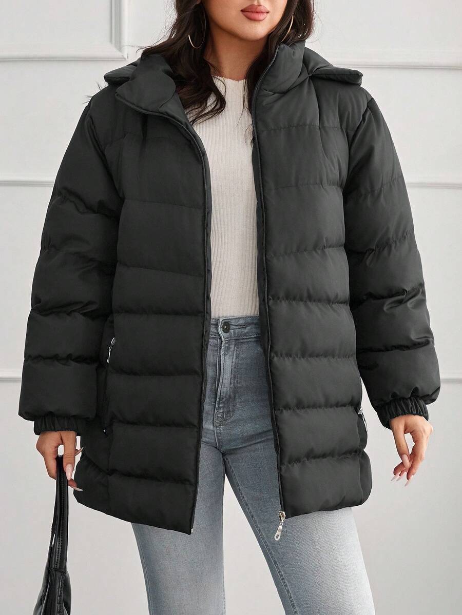 EURMUSE Zipper Front Plus Size Hooded Puffer Jacket – Street-Style Bubble Coat For Cold Weather - Black - View 1