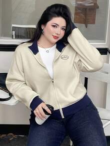 Dazy Plus Chaqueta de punto con cremallera y bloqueo de color con patrón bordado, informal y de talla grande para mujer, otoño/invierno - Albaricoque - Ver 14