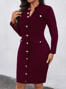 Elenzga Váy suông cổ chữ V dài vừa phải, thanh lịch, ôm sát, cài một hàng khuy cỡ lớn - Màu Đỏ Sâu - Xem 3