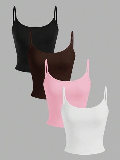 SHEIN EZwear 4 قطع من الفساتين القصيرة المحكمة الملائمة للنساء باللون الأسود والبني والوردي والأبيض، مناسبة للصيف