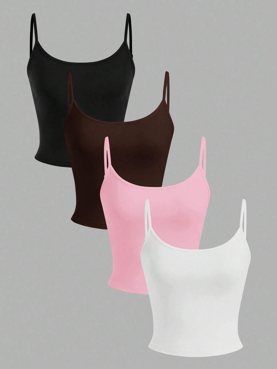 SHEIN EZwear 4 件女式黑色、棕色、粉色、白色紧身短款休闲背心,适合夏季 - 彩色 - 查看 1