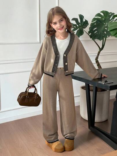 SHEIN Tween Girls Solid Brown Color Block Hem Cardigan Front Button Long Sleeve Casual Sweater And Sweater Pants 2pcs/Set Tween Girl Pants Suit Tween Matching Set Knit Girls Knit Set Tween Girls Pants Suit Girls Sweater Set Tween Girl Knit Set, In Fall/Winter Knit Two Piece Set Teen Girl Brown Set  Girl Clothes Autumn And Winter Clothes
