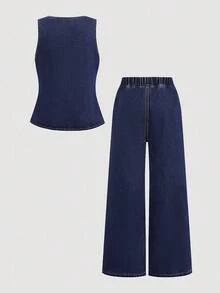 Firerie Kids Firerie Kids Nova Glow Tween Girl Spring Summer Casual Street Fashion Plain V-Neck Sleeveless Vest Top And Baggy Straight-Leg Pants Denim Two Pieces Set,Summer Beach Boho Vacation Shorts, Summer Concert Festival Casual Rave Outfits, Girls Summer Brunch Graduation Outfits, Tween Girl Pant Suit, Kids Denim Jumpsuit, Tween Girls 2 Pieces Pant Set, Teen Pant Suit, Girls Denim Pant Suit