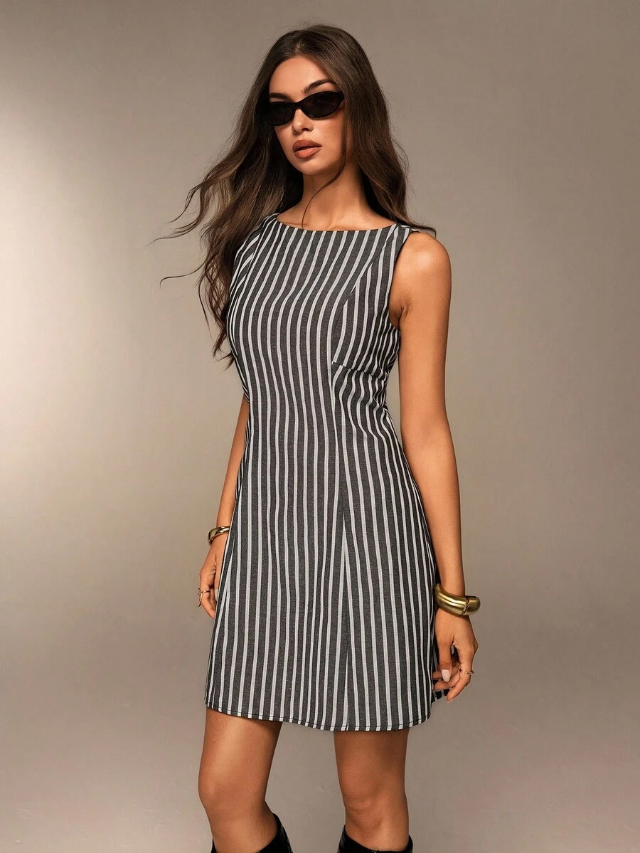 Avantive 夏季新款女士无袖露背A字粉色条纹迷你连衣裙 - 灰色 - 查看 1