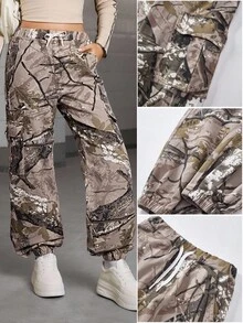 SHEIN Explorewe 少女休闲宽松印花牛仔裤，抽绳腰带，休闲度假风下装 - 米色 - 查看 13