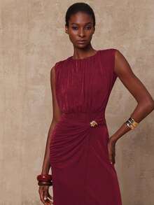 Lumalex VITNOS 秋冬新款高端优雅咖色针织无袖褶皱修身收腰金属扣装饰不对称连衣裙，女秋装，适合演唱会、约会、婚礼、派对、生日 - 酒紅色 - 查看 6