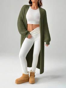 SHEIN PETITE Women's Warm Cardigan For Outings In Autumn And Winter - Army Green - View 3