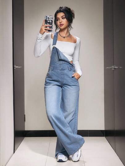 SHEIN PETITE Women's Sleeveless Fashionable Casual Denim Jumpsuit With Pockets, Versatile For Spring And Summer