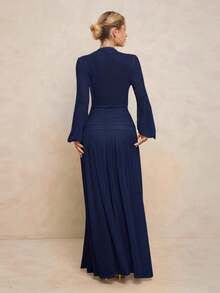 Lumalex Damen extra langes Kleid mit Leggings, transparenter V-Ausschnitt, Puffärmel, geraffter Bindedetail, abnehmbarer Metallschnalle und Oversized Rock - marineblau - Übersicht 3