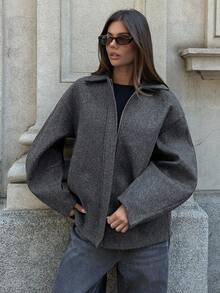 Aloruh 女款秋冬新款翻领拉链深灰色羊毛宽松常规外套 - 深灰色 - 查看 8