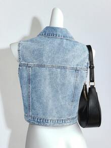 SHEIN Teen Girls Y2K Summer Beach Boho Light Washed Baggy Denim Jacket Vest Without Sleeves, Girls Summer Concert Rave Festival Graduation Denim Vest, For Girl, Cropped Denim Vest