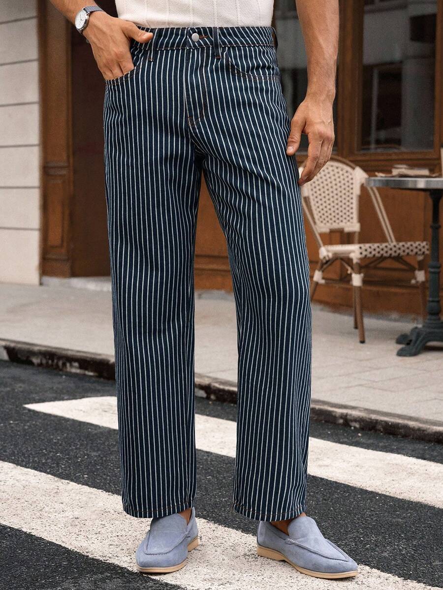 Manfinity NXTstreet 男士休闲条纹中腰直筒牛仔裤 - 藍色 - 查看 1