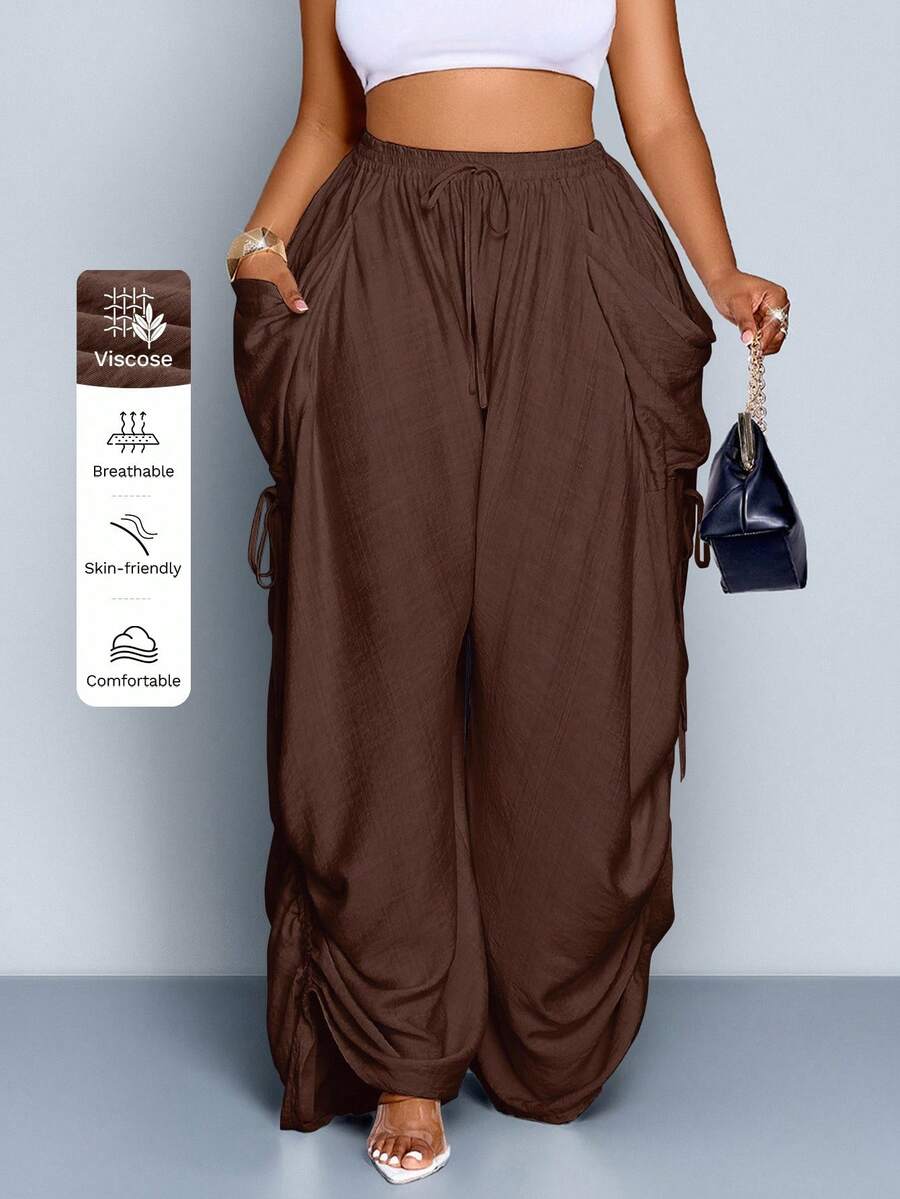 SOLERSUN Pantalones casuales sueltos de unicolor con bolsillo anudado de talla grande - Marrón - Ver 1