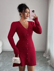 Elenzga Women's Autumn/Winter New Rose Button Decor V-Neck Fitted Shiny Knit Mini Sweater Dress