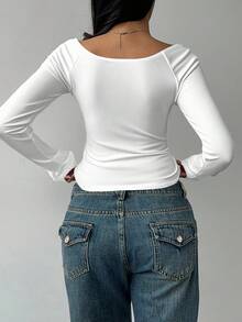 SHEIN BASICS 休闲简约罗纹宽领女式长袖 T 恤，百搭，打底衫，秋冬 - 彩色 - 查看 2