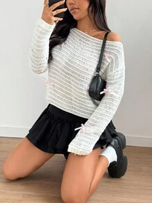 Flirla New Arrival White Hollow-Out Pink Bow Decor Cute Sweet Casual Off-Shoulder Sweater - White - View 4