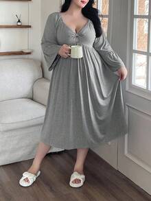 Dazy Plus Plus Size Solid Color Flare Sleeve Hollow Out Sexy Long Nightgown, Fall, Winter - Grey - View 5