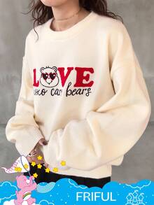 FRIFUL SHEIN X Care Bears 女士圆领字母刺绣撞色印花宽松加厚羊毛衫 - 米色 - 查看 3