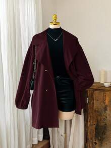 Comfortcana 酒红色纯色立领纽扣领带休闲简约大码风衣法式衣服女秋冬长款外套 - 酒紅色 - 查看 1
