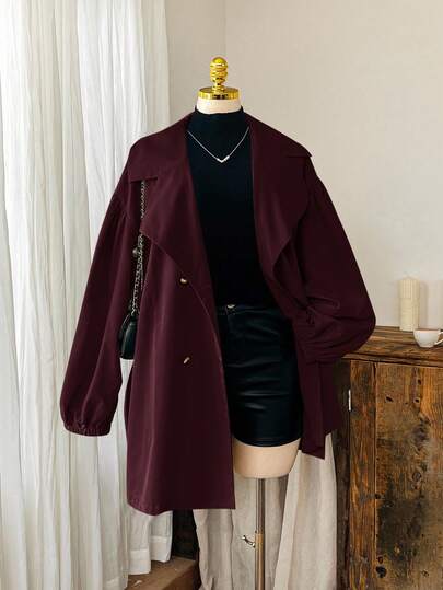 Comfortcana Chaqueta larga de estilo francés de color vino tinto con cuello de botón, casual y minimalista, para mujer de talla grande en otoño/invierno