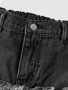 Girlism 少女Y2K时尚高腰星形拼接流苏低腰宽松阔腿牛仔裤，毛边裤脚和斜插口袋设计，休闲学院风，舒适时尚简约实用百搭，面料柔软，适合秋冬季返校季、返校节、秋季、街头风、Emo牛仔裤、哥特裤、黑色宽松牛仔裤、破洞牛仔裤、宽松牛仔裤。 - 黑色 - 查看 3