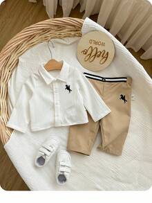 Newborn Baby Boy Casual Cute Versatile White Long Sleeve Shirt And Pants Set - Multicolor - View 4