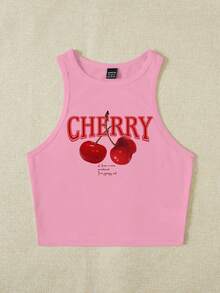 SHEIN EZwear Pink Cherry Pattern Cropped Casual Minimalist Round Neck Fitted Tank Top, Suitable For Summer